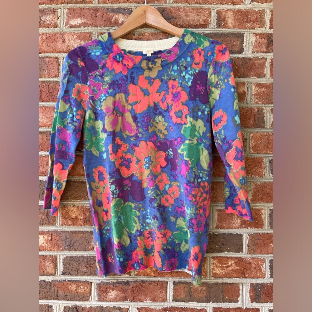 ☀️ J Crew Pullover Sweaters Merino Wool Womens Petites Size S 3/4 Sleeve Floral
